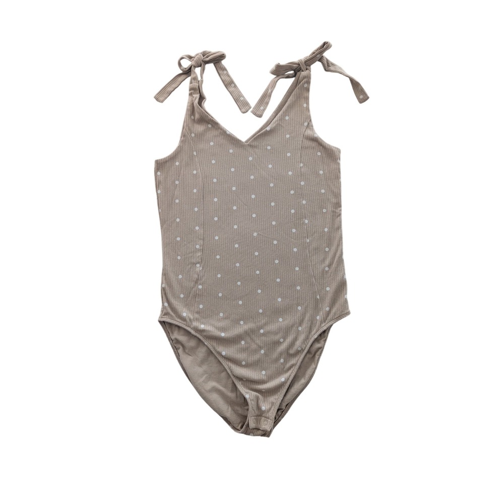 Old‎ Navy Polka Dot Ribbed Tie Shoulder Bodysuit Womens L Tan Sleeveless V-Neck